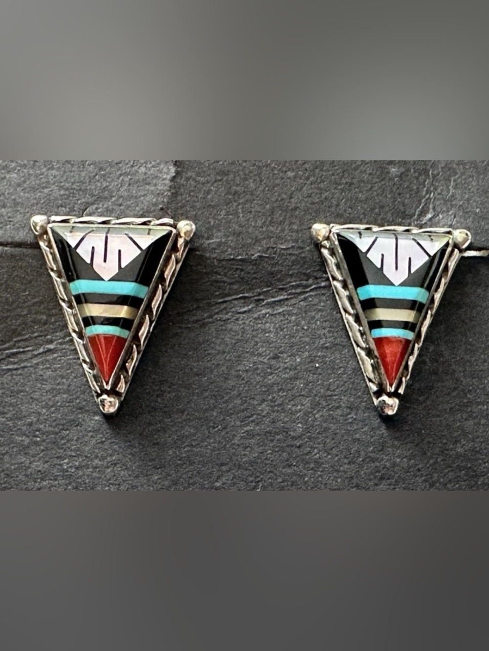 Zuni Sterling Stone Inlay Triangle Clip On Earrings C.K. Hallmark